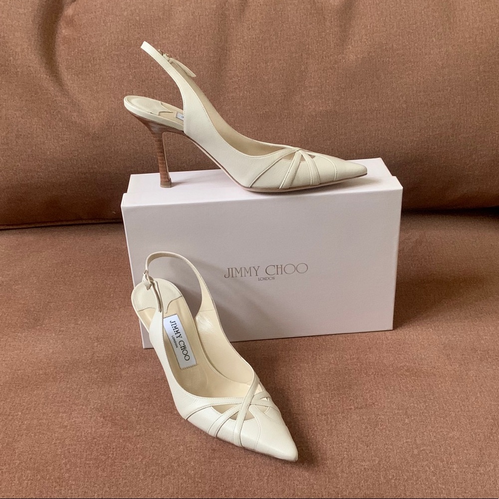 Jimmy Choo Pointy Toe Sling Back Heels Ecru